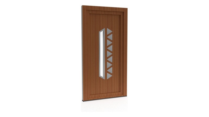 Porte d'entrée PVC modèle 038 – Semi-Vitrée Design, Vitrage Élancé et Dents de Scie, visuel en finition bois