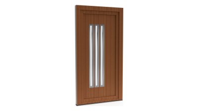 Porte d'entrée PVC modèle 039 – Semi-Vitrée Moderne, 3 Bandes Vitrées Accolées, visuel en finition bois