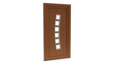 Porte d'entrée PVC modèle 041 – Semi-Vitrée Design, 6 Carreaux en Arc, visuel en finition bois