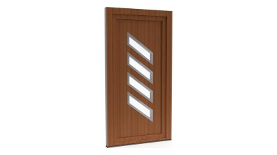 Porte d'entrée PVC modèle 043 – Semi-Vitrée Design, 4 Vitrages Obliques, visuel en finition bois