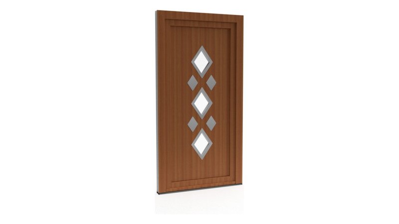 Porte d'entrée PVC modèle 044 – Semi-Vitrée Style Ancien, 3 Losanges, visuel en finition bois