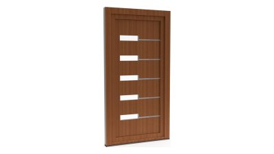 Porte d'entrée PVC modèle 045 – Semi-Vitrée Moderne, 5 Vitrages et Baguettes Horizontales, visuel en finition bois