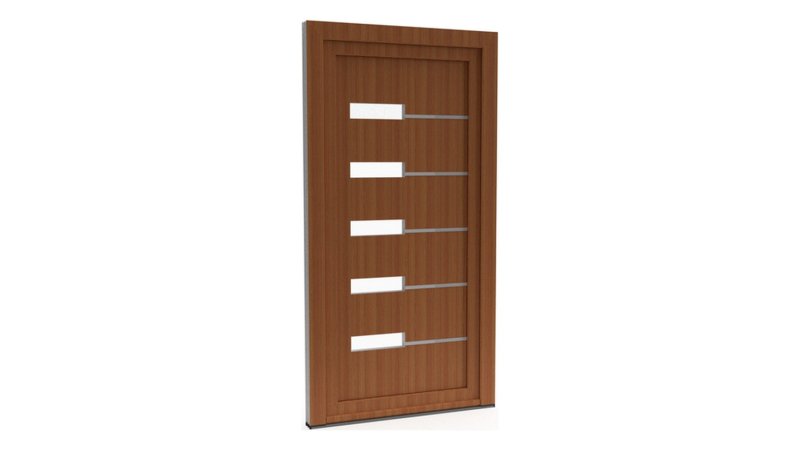 Porte d'entrée PVC modèle 045 – Semi-Vitrée Moderne, 5 Vitrages et Baguettes Horizontales, visuel en finition bois