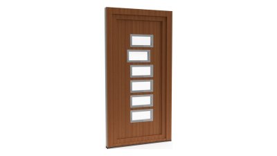 Porte d'entrée PVC modèle 049 – Semi-Vitrée Moderne, 6 Vitrages Horizontaux Décalés, visuel en finition bois