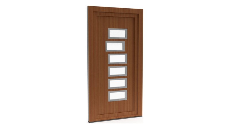 Porte d'entrée PVC modèle 049 – Semi-Vitrée Moderne, 6 Vitrages Horizontaux Décalés, visuel en finition bois