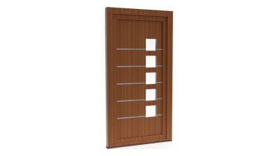 Porte d'entrée PVC modèle 050 – Semi-Vitrée Moderne, 5 Carreaux et Longues Baguettes, visuel en finition bois