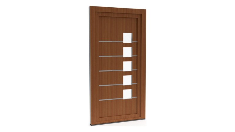 Porte d'entrée PVC modèle 050 – Semi-Vitrée Moderne, 5 Carreaux et Longues Baguettes, visuel en finition bois