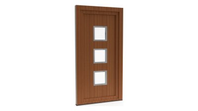 Porte d'entrée PVC modèle 051 – Semi-Vitrée Moderne, 3 Carreaux au Centre, visuel en finition bois