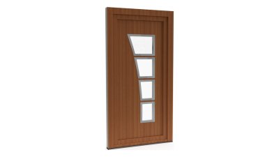 Porte d'entrée PVC modèle 052 – Semi-Vitrée Design, 4 Vitrages Effilés en Courbe, visuel en finition bois