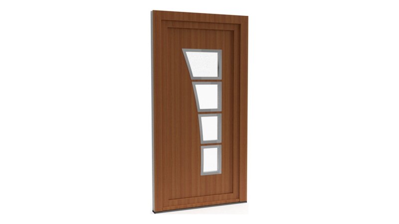 Porte d'entrée PVC modèle 052 – Semi-Vitrée Design, 4 Vitrages Effilés en Courbe, visuel en finition bois