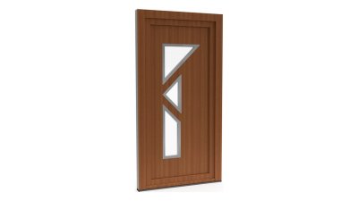 Porte d'entrée PVC modèle 053 – Semi-Vitrée Design, 3 Vitrages Anguleux, visuel en finition bois