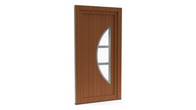 Porte d'entrée PVC modèle 056 – Vitrée Style Ancien, Demi-Lune à Traverses, visuel en finition bois