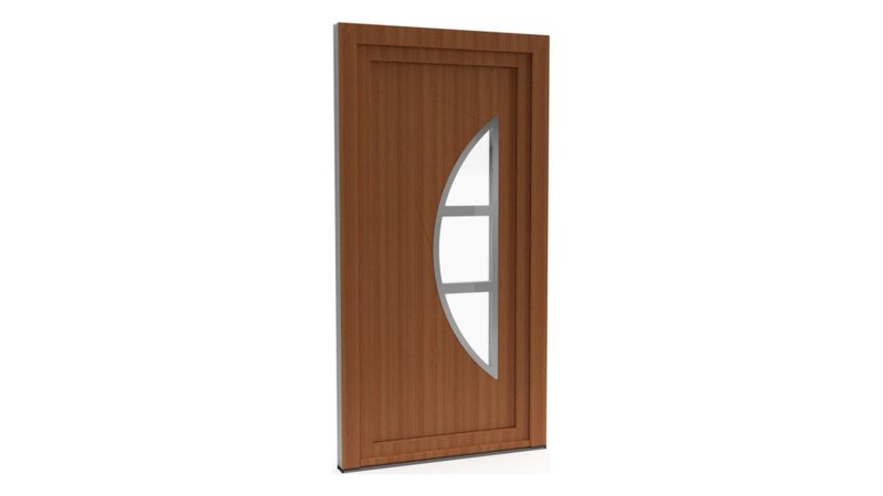 Porte d'entrée PVC modèle 056 – Vitrée Style Ancien, Demi-Lune à Traverses, visuel en finition bois