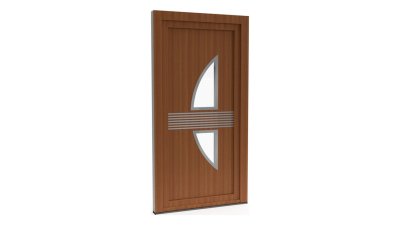 Porte d'entrée PVC modèle 059 – Semi-Vitrée Design, Arc Barré de 7 Baguettes, visuel en finition bois