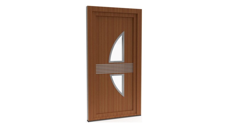 Porte d'entrée PVC modèle 059 – Semi-Vitrée Design, Arc Barré de 7 Baguettes, visuel en finition bois