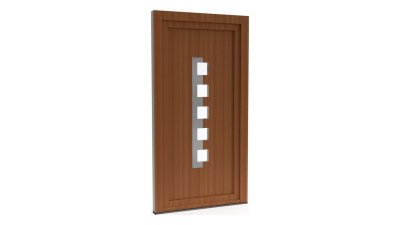 Porte d'entrée PVC modèle 060 – Semi-Vitrée Moderne, Bande Verticale et 5 Carreaux, visuel en finition bois
