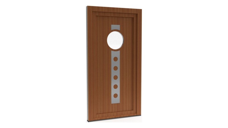 Porte d'entrée PVC modèle 061 – Semi-Vitrée Design, Hublot et Bande Percée, visuel en finition bois