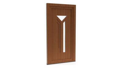 Porte d'entrée PVC modèle 062 – Semi-Vitrée Design, Triangle, Fente et Rainures, visuel en finition bois