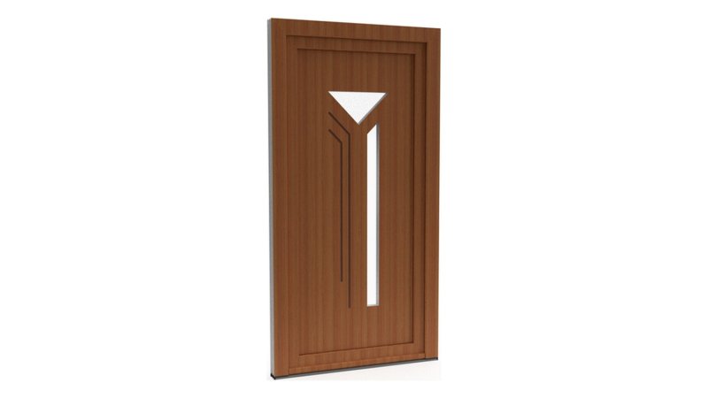 Porte d'entrée PVC modèle 062 – Semi-Vitrée Design, Triangle, Fente et Rainures, visuel en finition bois