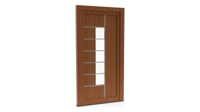 Porte d'entrée PVC modèle 064 – Vitrée Moderne, Vitrage Vertical et 6 Baguettes, visuel en finition bois