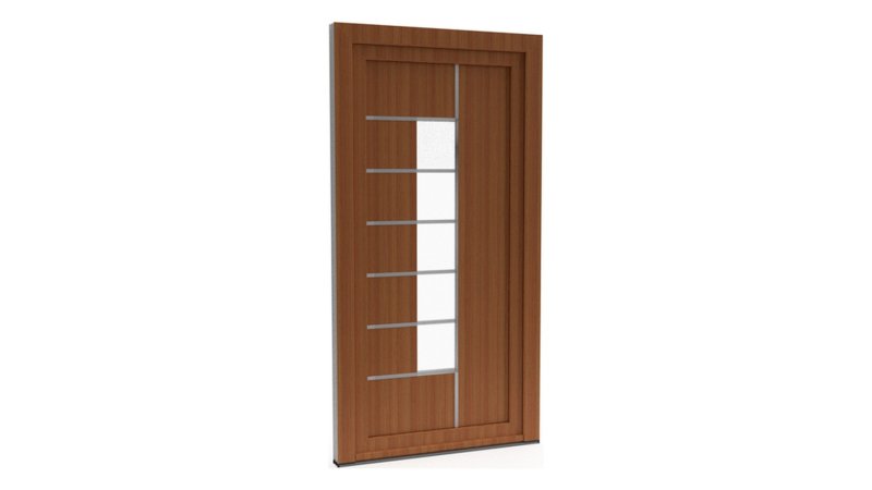 Porte d'entrée PVC modèle 064 – Vitrée Moderne, Vitrage Vertical et 6 Baguettes, visuel en finition bois
