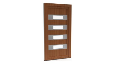 Porte d'entrée PVC modèle 065 – Semi-Vitrée Moderne, 4 Bandeaux Vitrés, visuel en finition bois