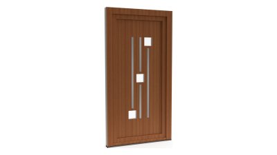 Porte d'entrée PVC modèle 070 – Semi-Vitrée Design, 3 Carreaux et Fines Lignes, visuel en finition bois