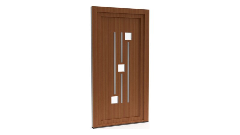 Porte d'entrée PVC modèle 070 – Semi-Vitrée Design, 3 Carreaux et Fines Lignes, visuel en finition bois