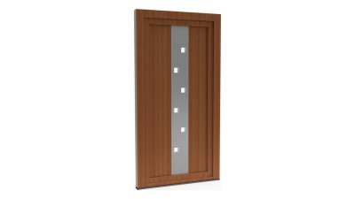 Porte d'entrée PVC modèle 071 – Semi-Vitrée Moderne, Bande Semée de 6 Carreaux, visuel en finition bois