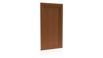 Porte d'entrée PVC modèle 074 – Pleine Style Ancien, Rainures Obliques, visuel en finition bois