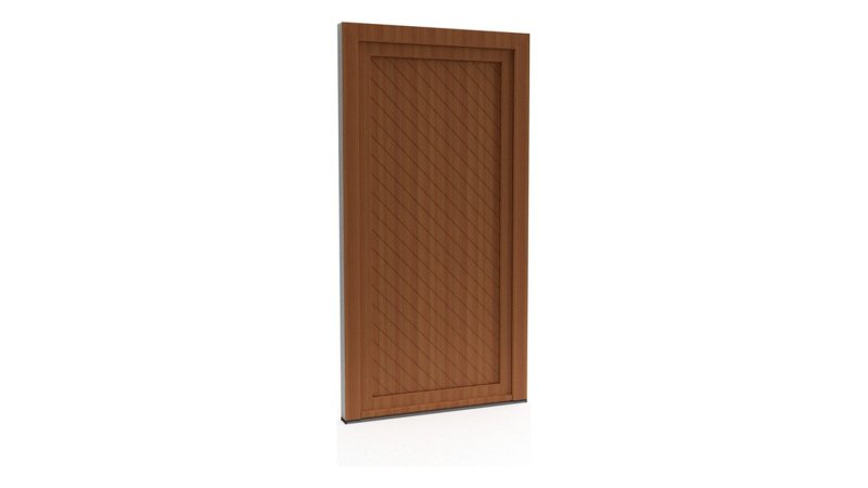 Porte d'entrée PVC modèle 074 – Pleine Style Ancien, Rainures Obliques, visuel en finition bois