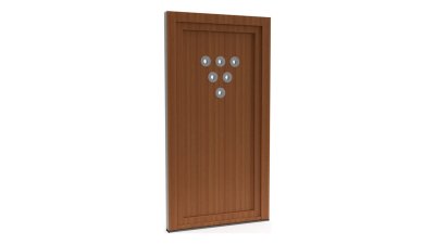 Porte d'entrée PVC modèle 076 – Semi-Vitrée Design, 6 Pastilles en Triangle, visuel en finition bois