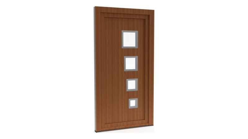 Porte d'entrée PVC modèle 077 – Semi-Vitrée Moderne, 4 Carreaux Décroissants, visuel en finition bois