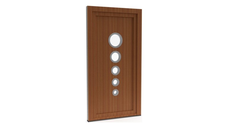 Porte d'entrée PVC modèle 078 – Semi-Vitrée Design, 5 Hublots Décroissants, visuel en finition bois
