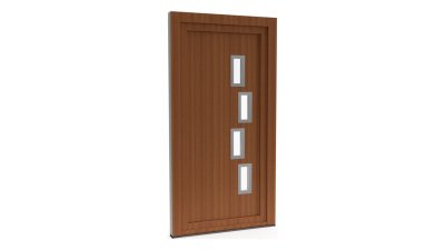 Porte d'entrée PVC modèle 079 – Semi-Vitrée Moderne, 4 Fentes en Quinconce, visuel en finition bois