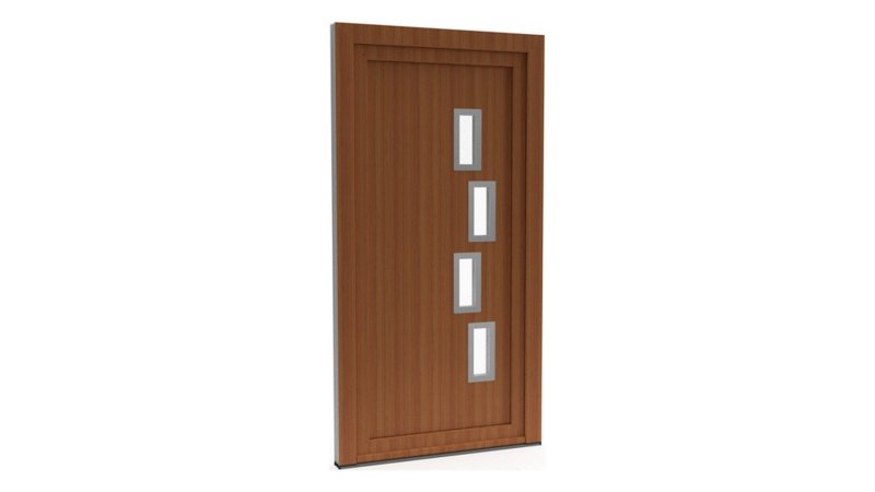 Porte d'entrée PVC modèle 079 – Semi-Vitrée Moderne, 4 Fentes en Quinconce, visuel en finition bois