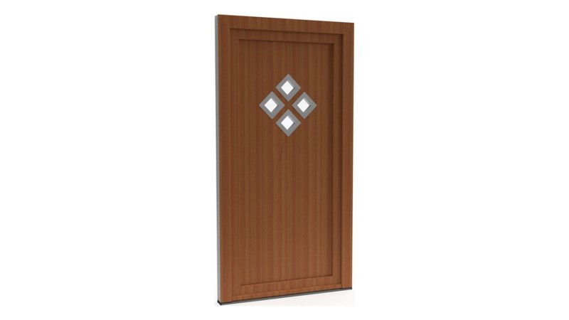 Porte d'entrée PVC modèle 082 – Semi-Vitrée Design, Rosace de 4 Losanges, visuel en finition bois