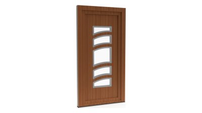 Porte d'entrée PVC modèle 083 – Vitrée Design, 5 Vitrages Incurvés en Colonne, visuel en finition bois
