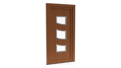 Porte d'entrée PVC modèle 084 – Vitrée Moderne, 3 Vitrages Cintrés Superposés, visuel en finition bois