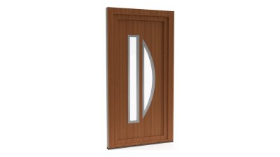 Porte d'entrée PVC modèle 086 – Vitrée Design, Long Vitrage et Demi-Lune, visuel en finition bois
