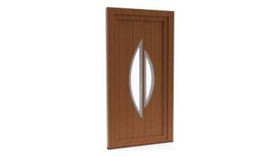 Porte d'entrée PVC modèle 087 – Vitrée Design, Amande Partagée, visuel en finition bois