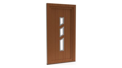 Porte d'entrée PVC modèle 089 – Semi-Vitrée Design, 3 Parallélogrammes, visuel en finition bois