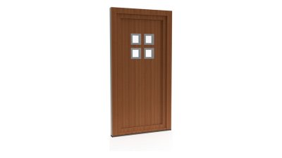 Porte d'entrée PVC modèle 090 – Semi-Vitrée Moderne, 4 Carreaux en Bloc, visuel en finition bois