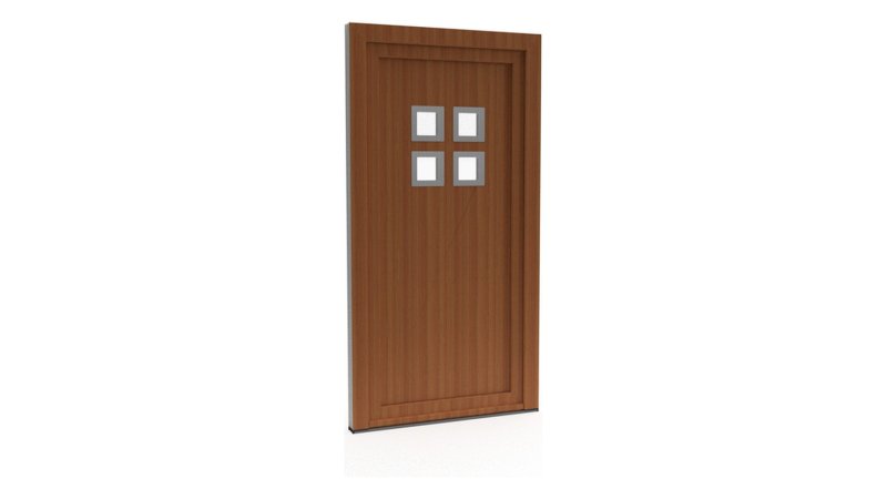 Porte d'entrée PVC modèle 090 – Semi-Vitrée Moderne, 4 Carreaux en Bloc, visuel en finition bois