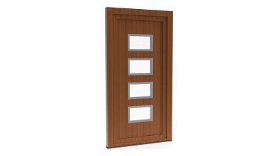Porte d'entrée PVC modèle 092 – Vitrée Moderne, 4 Vitrages Horizontaux en Échelle, visuel en finition bois
