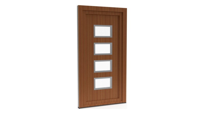 Porte d'entrée PVC modèle 092 – Vitrée Moderne, 4 Vitrages Horizontaux en Échelle, visuel en finition bois