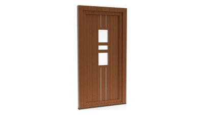 Porte d'entrée PVC modèle 093 – Semi-Vitrée Moderne, 3 Vitrages et Baguettes Verticales, visuel en finition bois