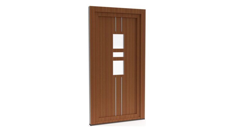 Porte d'entrée PVC modèle 093 – Semi-Vitrée Moderne, 3 Vitrages et Baguettes Verticales, visuel en finition bois
