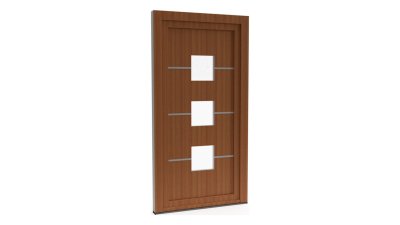 Porte d'entrée PVC modèle 096 – Semi-Vitrée Moderne, 3 Carreaux Barrés de Baguettes, visuel en finition bois