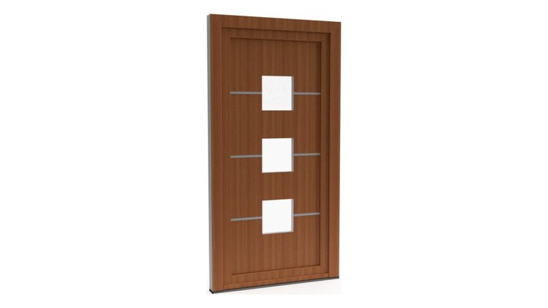 Porte d'entrée PVC modèle 096 – Semi-Vitrée Moderne, 3 Carreaux Barrés de Baguettes, visuel en finition bois